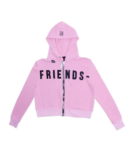 BLACK LIPSTICK FRIENDS- EMBROIDERED CROP TOP ZIP UP HOODIE (Pink)